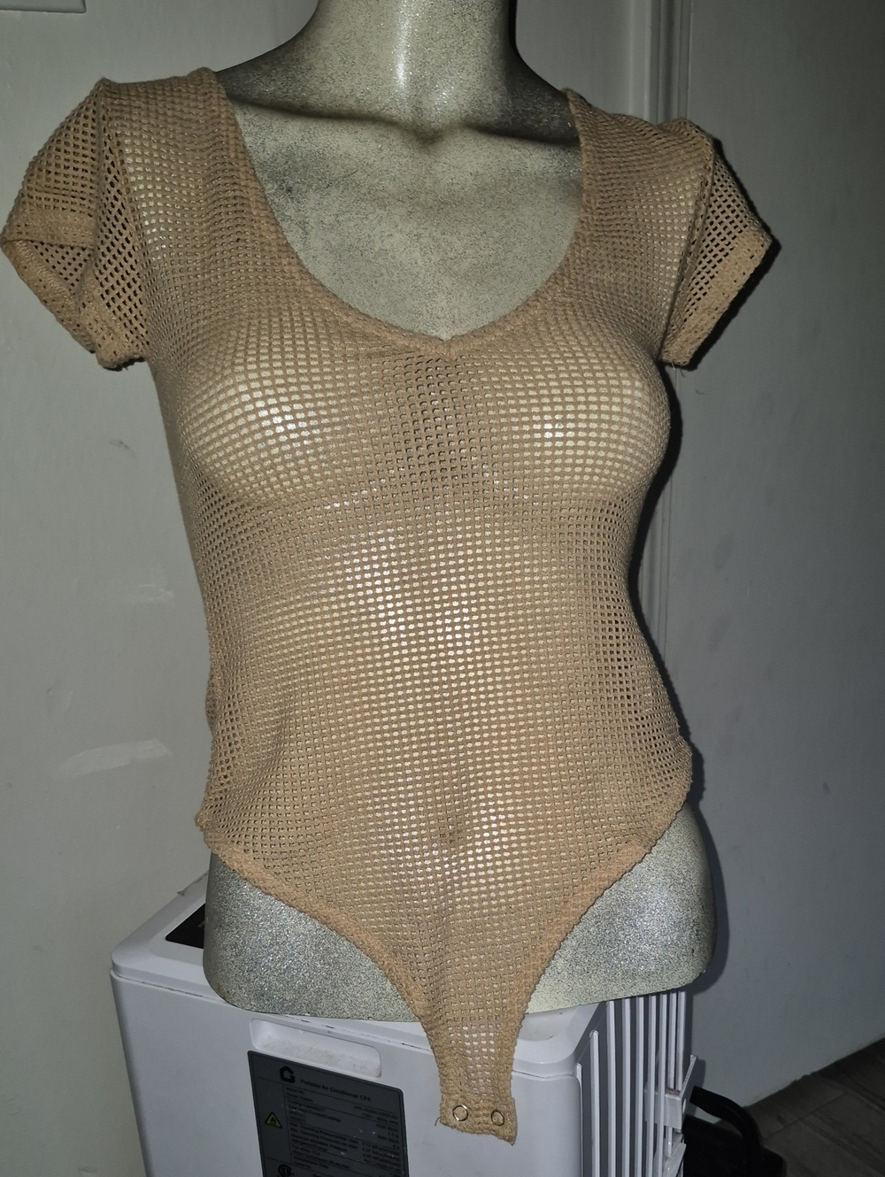 Forever 21 Tan Short-Sleeve Mesh Bodysuit